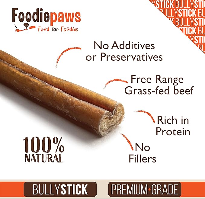 FOODIEPAWS 6 Inch Jumbo Bully Sticks for Dogs, 10 Pack | All Natural, Grass-Fed Beef | Extra Thick, Rawhide-Free & Fully Digestible Chews | Odor-Free, Long Lasting Dog Treats for Medium & Large Breeds