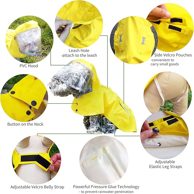 Dog Waterproof Raincoat with Poncho Hoodie, High Reflective Adjustable Yellow Pet Rain Jacket with Leash Hole for Small Medium and Large Dogs (Khaki, X-Large)
