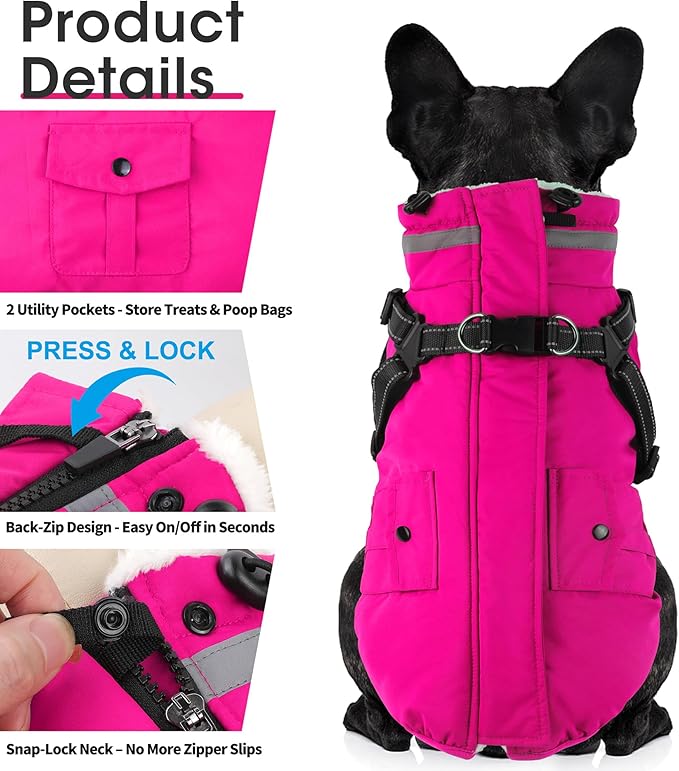 Dogcheer Dog Coat with Harness, Waterproof Warm Dog Winter Jacket with Pockets, Reflective Pet Fleece Jacket Turtleneck Snowsuit for Small Medium Large Dogs - Pink, 2XL