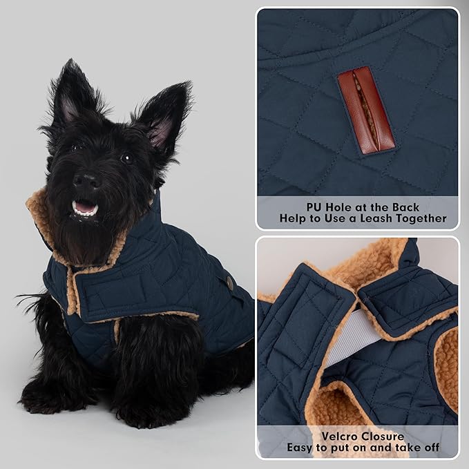 azuza Dog Jacket Waterproof & Windproof Dog Coat for Small Dogs with Thick Fleece, High Collar with Leash Hole, Adjustable Velcro & Elastic Belly, Navy M