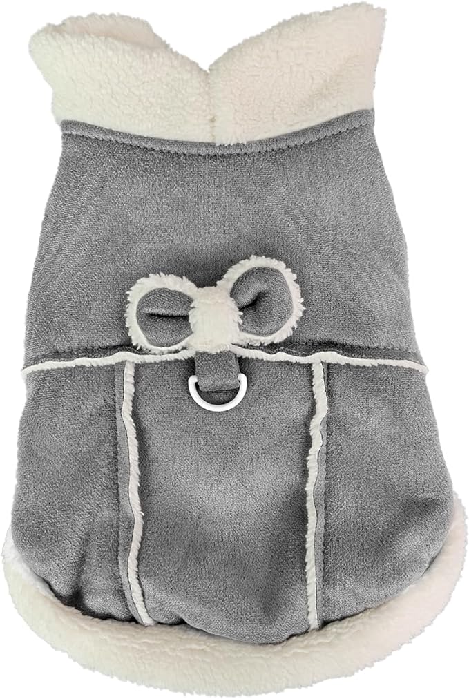 Jecikelon Bowtie Dog Cold Weather Coat Fleece Lining Warm Pet Puppy Turtleneck Dogs Winter Clothes for Small Dogs with D-Ring (Gray, Small)