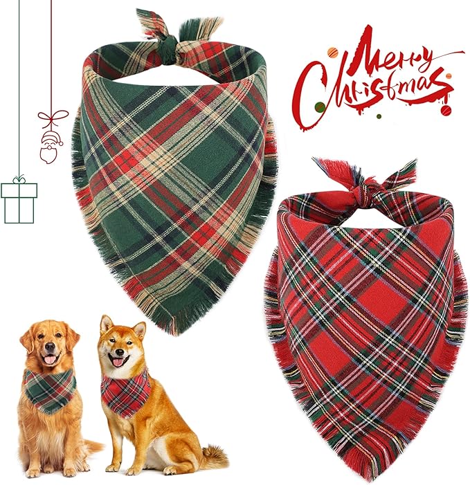 Vivifying Dog Christmas Bandana with Tassels Edges, 2 Pack Classic Plaid Triangle Pet Apparel & Accessories, Funny Holiday Dog Scarf Costume for Photo Prop, and Party Decor (X-Large, Red&Green)