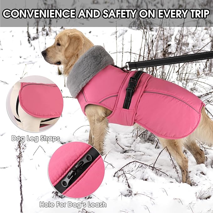 PETDSH Dog Coat Medium, Windproof Dog Jacket with Warm Fleece Lining, Thickened Collar Dogs Winter Coat, Adjustable Reflective Pet Coats for Cold Weather (Pink, Medium)