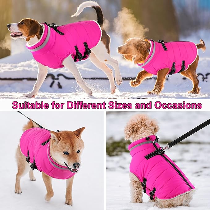 Dogcheer Dog Coat, Waterproof Dog Jacket with Harness, Reflective Adjustable Puppy Winter Coat with Zipper, Christmas Pet Snow Jacket Clothes for Small Medium Large Dogs - Pink L