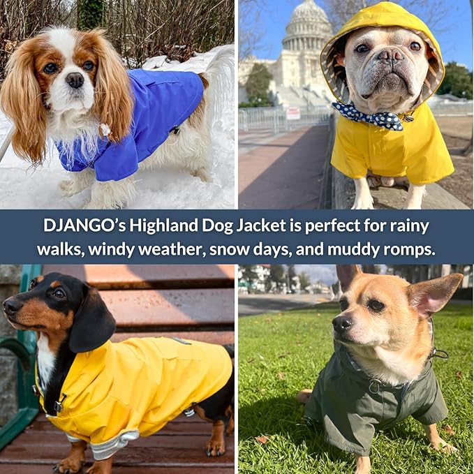 DJANGO Highland Dog Jacket & Raincoat – Water-Repellent, Lined Dog Coat with Hood, Adjustable Fit & Harness Hole – Lightweight Rain & Wind Jacket for Small & Medium Dogs up to 30 lbs (Blue, X-Small)