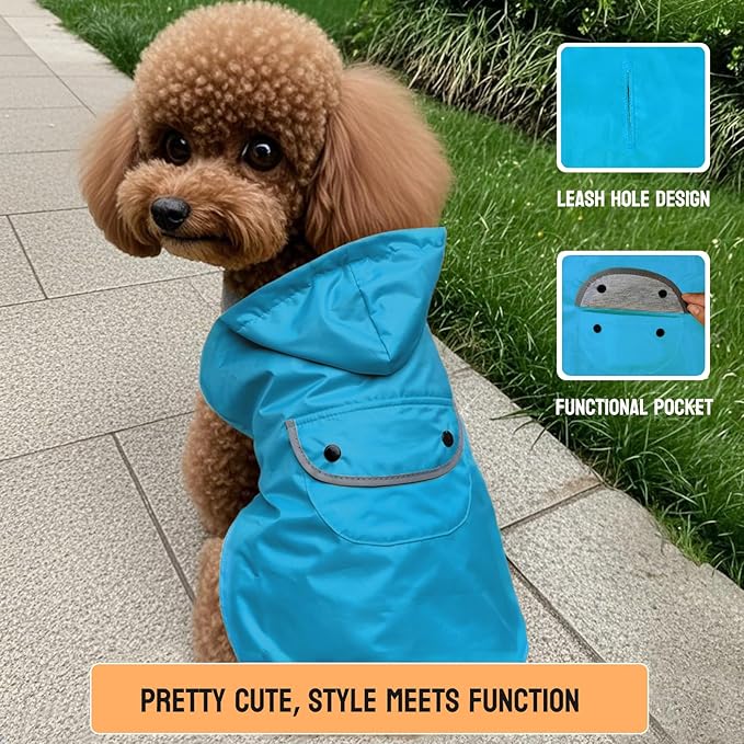 Dog Raincoat Dogs Rain Jacket Reflective Poncho Rainwear Waterproof Pet Clothes Warm Lined Pocket Hooded Leash Hole Adjustable Small Medium Dogs,Blue,L,Back Length 12.0 Inch