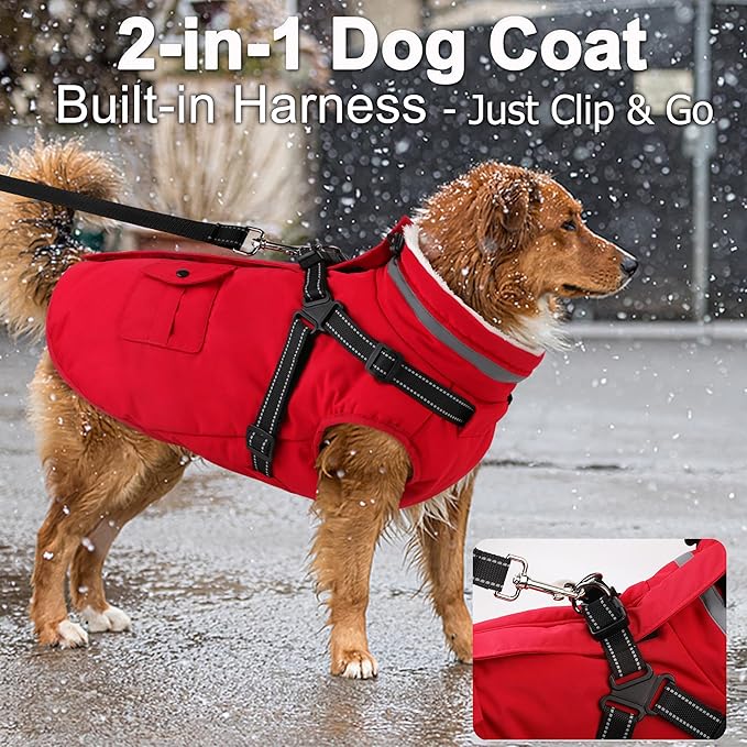 Dogcheer Dog Coat with Harness, Waterproof Warm Dog Winter Jacket with Pockets, Reflective Pet Fleece Jacket Turtleneck Snowsuit for Small Medium Large Dogs - Red, XS