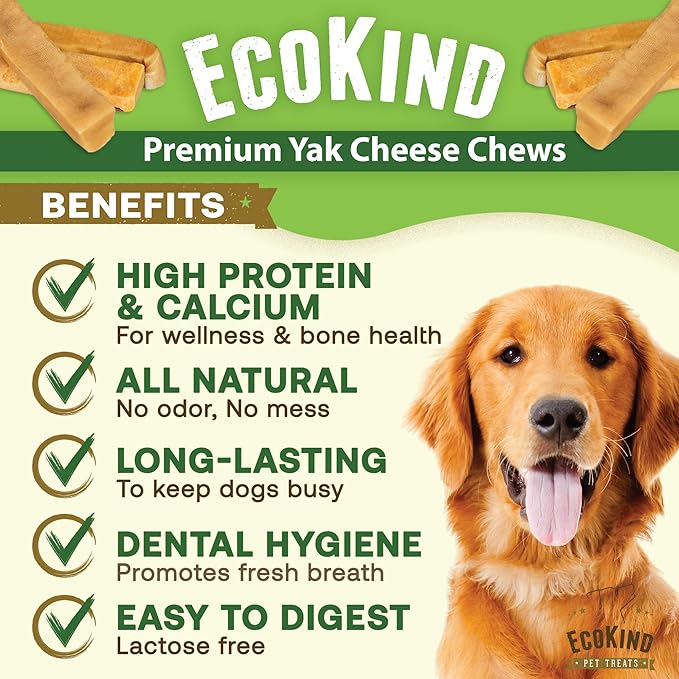 EcoKind Premium Gold Yak Cheese Himalayan Dog Chews, Healthy Dog Treats for Medium Dogs, All Natural, Long Lasting Dog Chew for Aggressive Chewers, High Protein, Rawhide Free Treat, Medium - 3 Chews