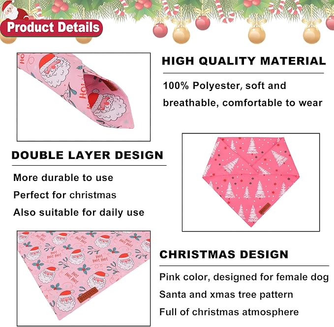 ADOGGYGO Pink Christmas Dog Bandana, Santa Xmas Tree Dog Scarf, Adjustable Fit Pink Pet Christmas Bandanas for Small Dogs Puppies (Small)