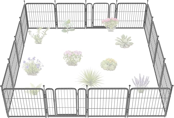 FXW Garden Fence Outdoor for The Yard – 24in(H) x 30.4ft(L) Heavy Duty Metal Animal Barrier for Dog and Rabbit, Decorative Dog Fence, 16 Panels, Silver