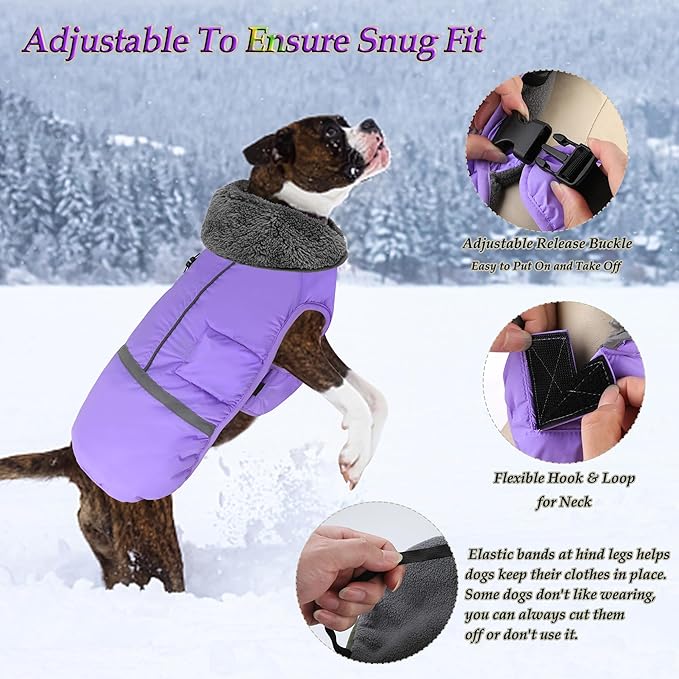 Dogcheer Warm Dog Coat, Waterproof Dog Jacket Christmas Puppy Winter Coat with Buckle, Reflective Adjustable Pet Snow Jacket Fleece Sweater for Small Medium Large Dogs - Taro Purple M