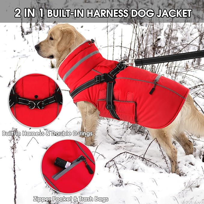 PETDSH Dog Coat Large, Built-in Harness Dog Jacket with Warm Fleece Lining, Waterproof Reflective Dogs Winter Coat, Pet Coats with Pocket and Trash Bags (Red, X-Large)