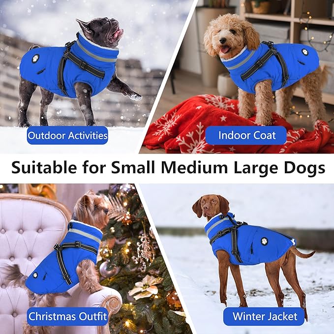 Dogcheer Dog Coat, Waterproof Dog Winter Jacket with Harness, Reflective Adjustable Doggy Cold Weather Coats, Christmas Pet Fleece Snowsuit for Small Medium Large Dogs - Blue, M