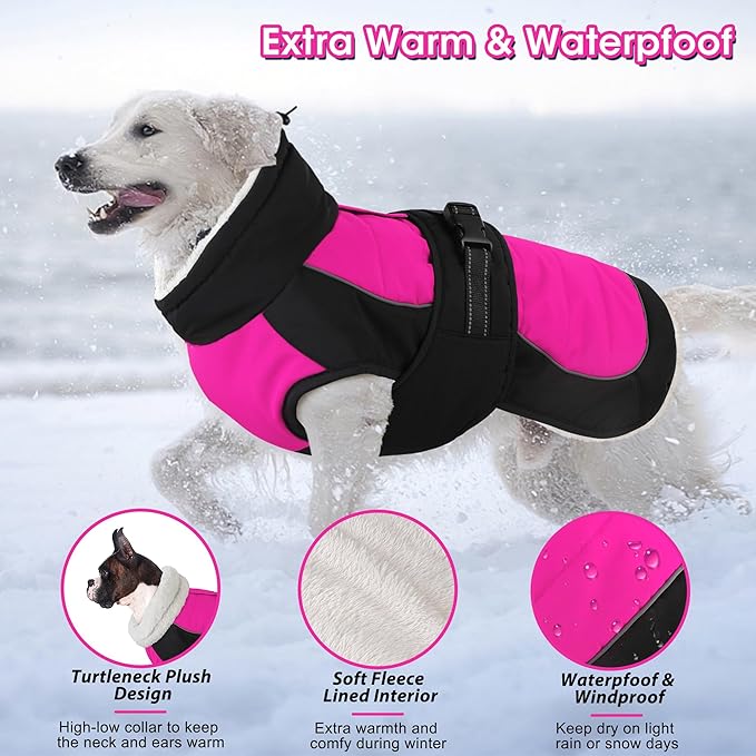Dogcheer Waterproof Dog Coat, Christmas Dog Winter Jacket, Adjustable Puppy Fleece Coat for Cold Weather, Reflective Turtleneck Snow Jacket for Small Medium Large Dogs - Pink, S