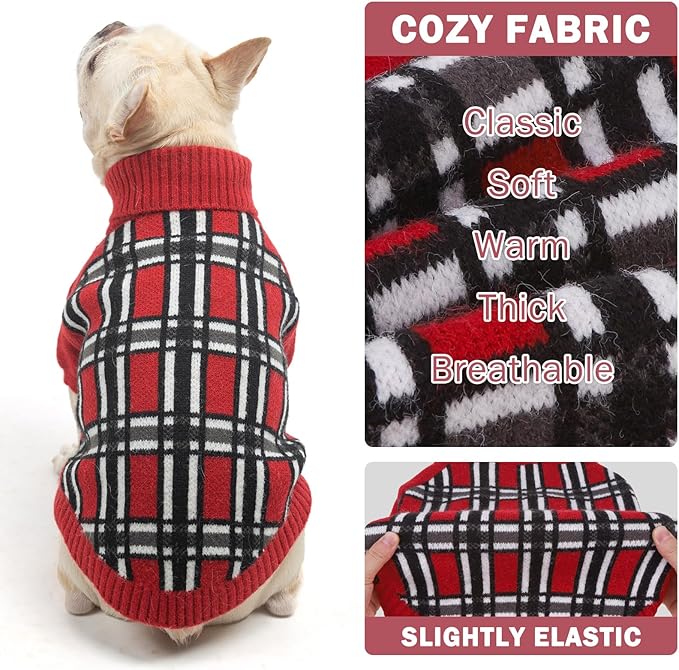 SCENEREAL Turtleneck Dog Sweater for Small Medium Large Dogs Girls Boys, Christmas Plaid Pullover Puppy Sweatershirt, Dogs Cold Weather Outfit Clothes, Ideal Gift for Pet in New Year, Red Plaid L