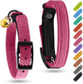 Leather Cat Collar with Bell and Safety Elastic Strap Breakaway Alternative for Small & Large Kittens, Stylish Pet Leather Collar for Boy, Girl Cats with Metal Buckle & QR ID Tag (Pink)