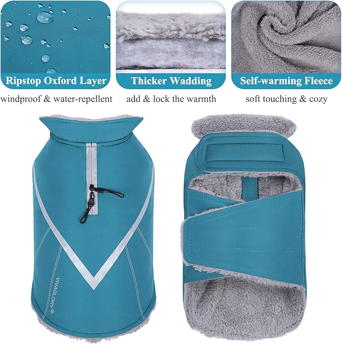 VIVAGLORY Snowrap Dog Coat, Jacket with Harness Hole & Velcro Closure, Dog Coat for Winter & Cold Weather, Fluffy Warm Fleece Lined Reflective Water Resistant for Puppy, M, Turquoise