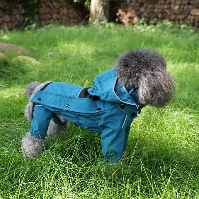 LOVELONGLONG Waterproof Dog Raincoat with Removable Hood – Outdoor Full Body Dog Jacket, Windproof Snowproof Shell Suit – All Season Pet Rain Gear Ocean Teal XL