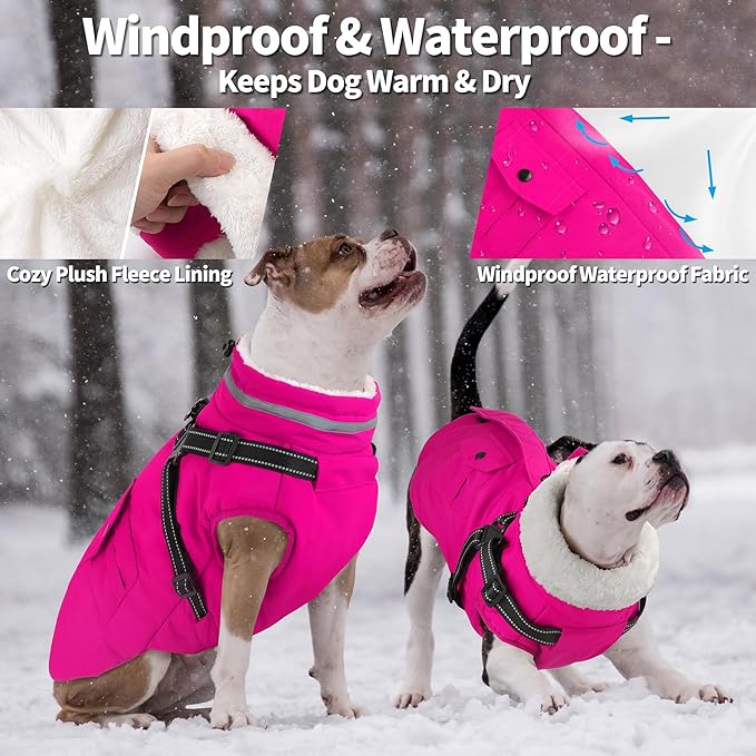 Dogcheer Dog Coat with Harness, Waterproof Warm Dog Winter Jacket with Pockets, Reflective Pet Fleece Jacket Turtleneck Snowsuit for Small Medium Large Dogs - Pink, 3XL