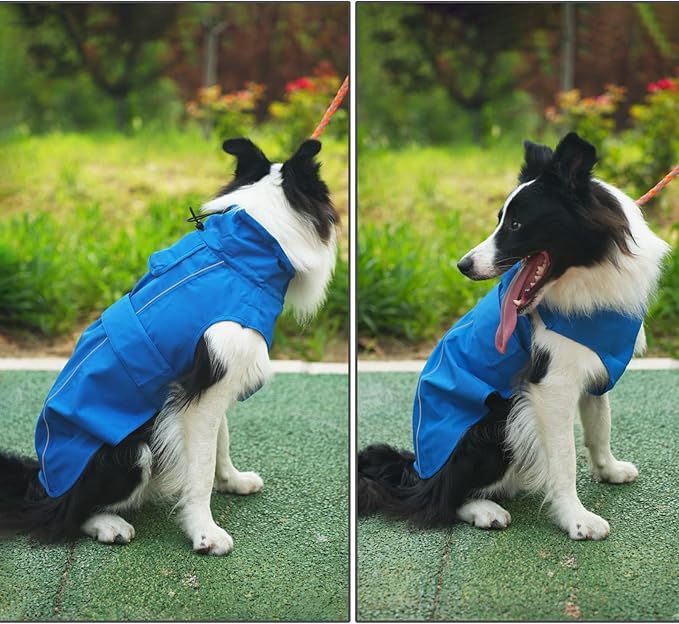 Waterproof Dog Raincoat, Adjustable Lightweight Dog Rain Jacket with Reflective Strip Leash Hole for Small Medium Large Dogs (Blue, X-Small(4-9lb))