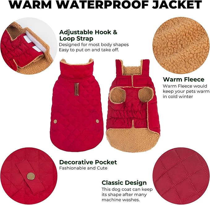 Dog Winter Coat, Waterproof Warm Dog Jackets for Large Dogs Boy, Adjustable Pet Vest Windproof Cold Weather Clothes Dogs Snowsuit with Leash Hole, Red XX-Large
