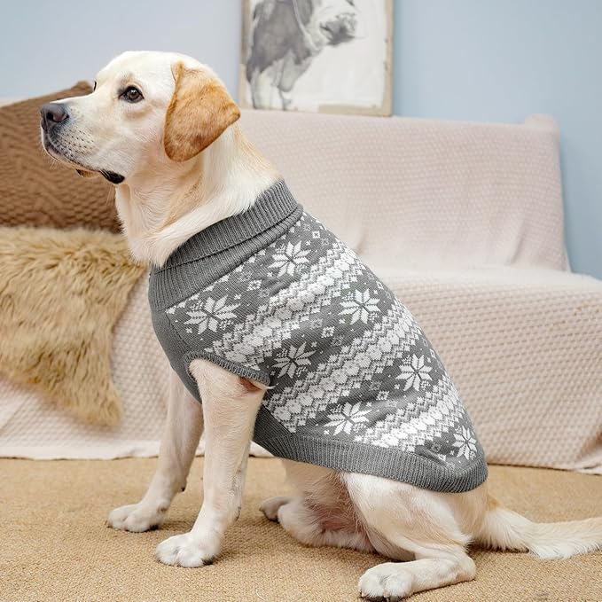 KOOLTAIL Cable Knit Dog Sweater Turtleneck, Cold Weather Pullover Classic Knitwear, Snowflake Pattern Thick Warm Winter Pet Clothes, Dog Christmas Sweater for Small Medium Large Dogs Cats, Grey L
