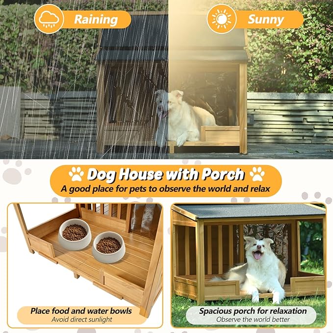 Merax 60.2" Wooden Dog House Outdoor, Extra Large Breed Outside Kennel with Weatherproof, Asphalt Roof, Elevated Floor, Fencing and Porch, for Medium & Large Dogs