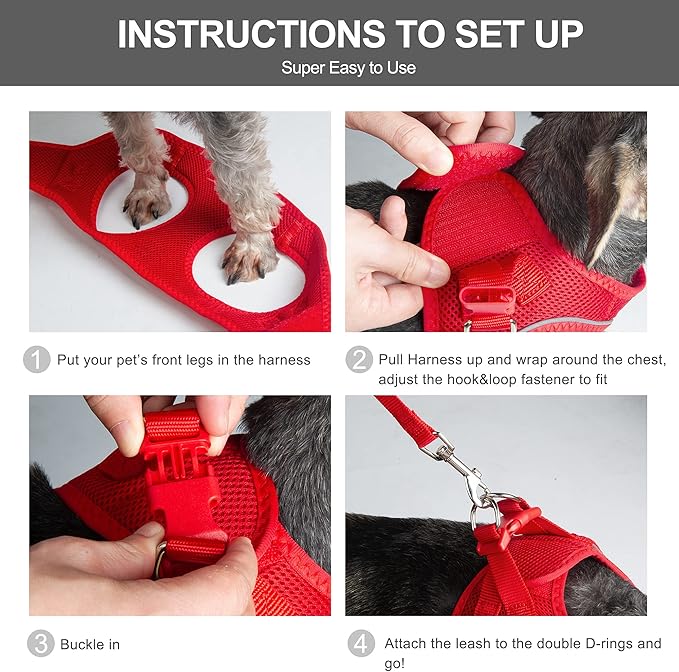 Fida Comfy Dog Harness with Leash, Soft Puppy Vest Escape Proof, Breathable Lightweight Soft Mesh, Adjustable Reflective Step-in Harness for Small Pet Walking (S, Red)