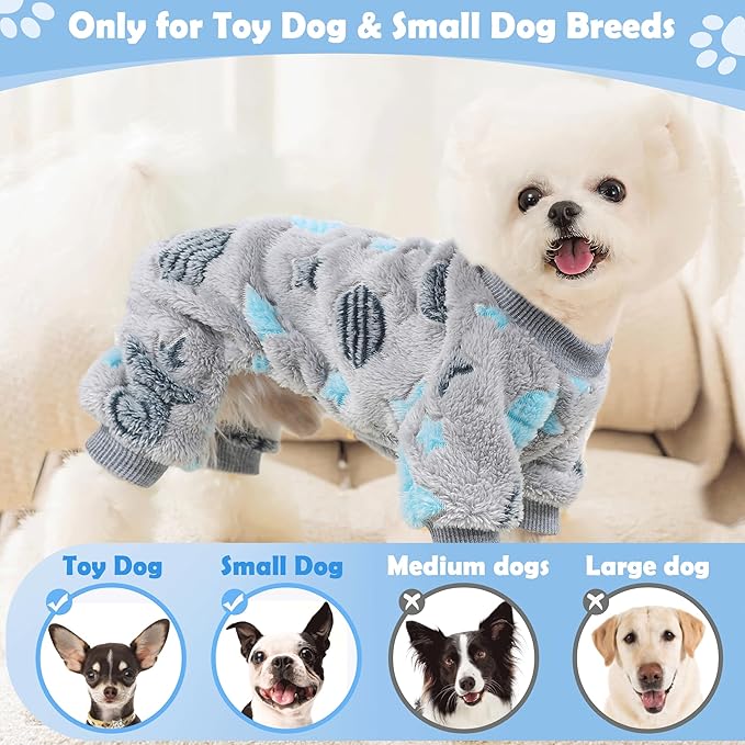 Fleece Dog Pajamas Boy, Fall Winter Pjs Cute Extra Small Puppy Clothes, 4 Legs Dog Sweater Jumpsuit, Soft Stretchy Doggie Onesies Pet Apparel Outfits for Chihuahua Yorkie Cat, XXXS