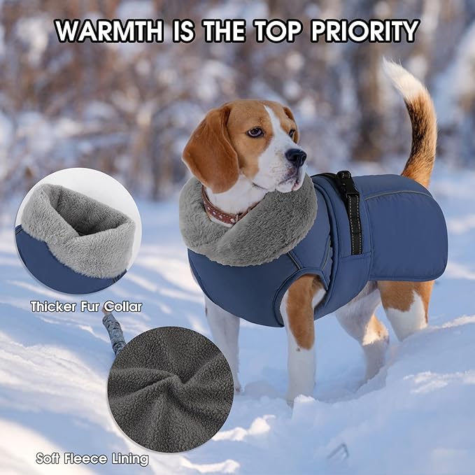 PETDSH Dog Coat Small, Windproof Dog Jacket with Warm Fleece Lining, Thickened Collar Dogs Winter Coat, Adjustable Reflective Pet Coats for Cold Weather (Navy Blue, Small)