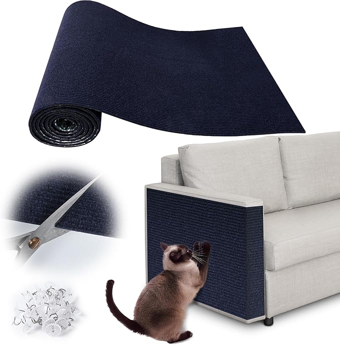 Cat Scratch Furniture Protector - 118" x 13.8" Trimmable Self-Adhesive Cats Claws Scratch Pads, DIY Cat Climbing Couch Protector for Scratch Post Cat Tree Replacement Indoor (Dark Blue)