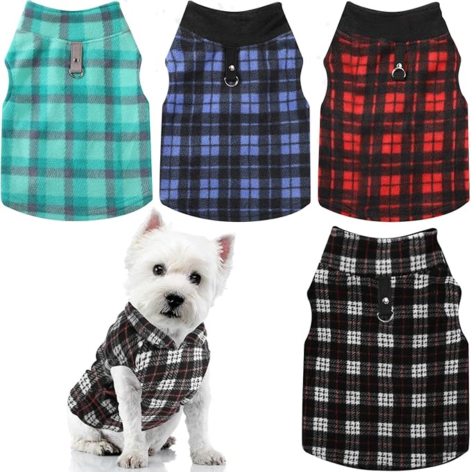 Weewooday 4 Pieces Winter Fabric Dog Sweaters with Leash Ring Soft Fleece Vest Pullover Pet Jacket Warm Dog Clothes Coats for Pet Puppy Cats Chihuahua(XS(Neck:8.3-9” Chest:12.2-13”))