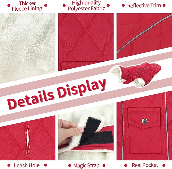 Malier Dog Winter Coat, Windproof Dog Cold Weather Coats with Real Pocket, Winter Extra Warm Pet Coat Fleece Jacket Reflective Clothes for Small Medium Large Dogs and Puppy (Red, Medium)