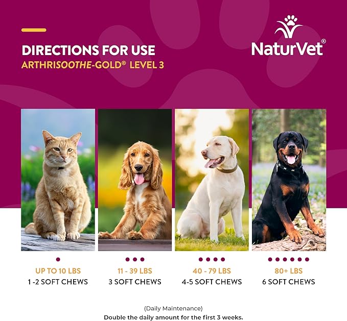 NaturVet Arthrisoothe Glucosamine for Dogs – Dog Supplement with Glucosamine, MSM, Chondroitin & Hyaluronic Acid – ArthriGold Level 3 – 240 Soft Chews
