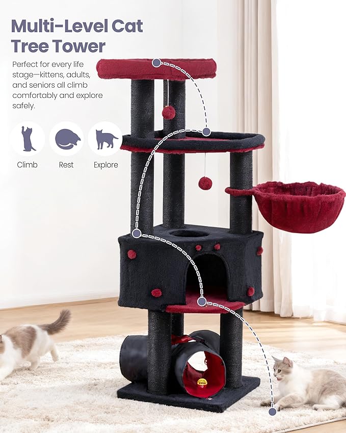 Cat Tree Tower for Indoor Cats Large Adult - Heavy Duty Extra Wide Scratching Post (φ4.4in) Maine Coon Condo House with Hammock Tunnel - 60 Inch XL Feline Bed Trees - Big Multi Level Cat Houses Stand
