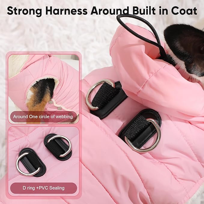 Fleece Lining Dog Hoodie with Harness Built in,Extra Warm Small Dog Jacket in Winter Puppy Coats with Drawstring Hooded,Light Pink S