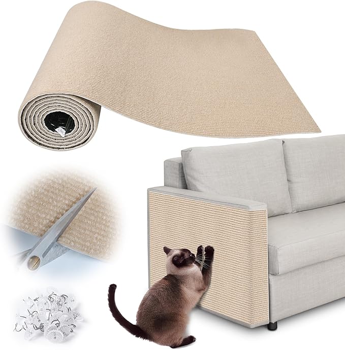 Cat Scratch Furniture Protector - 100" x 17" Trimmable Self-Adhesive Cats Claws Scratch Pads, DIY Cat Climbing Couch Protector for Scratch Post Cat Tree Replacement Indoor (Khaki)