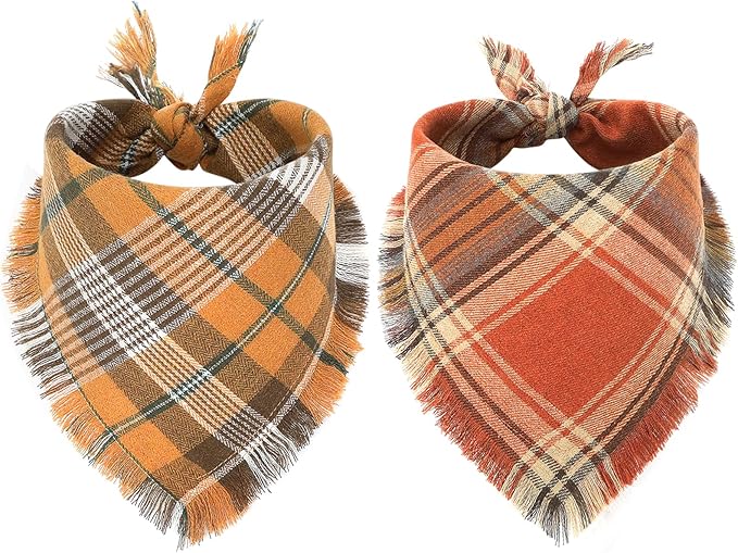 Vivifying Halloween Dog Bandana, 2 Pack Classic Plaid Fall Dog Scarf with Tassels Edges, Funny Pet Apparel & Accessories Costume for Thanksgiving Photo Prop, and Party Decor (Small, Yellow&Orange)