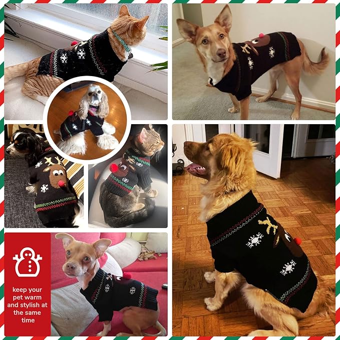 PETCARE Dog Christmas Sweater Black Ugly Funny Cute Cartoon Reindeer Cat Sweaters Jumper Holiday Dog Clothes Puppy Sweaters for Small Medium Large Dogs Fall Winter Outfits Xmas Dogs Costume,XX-Small