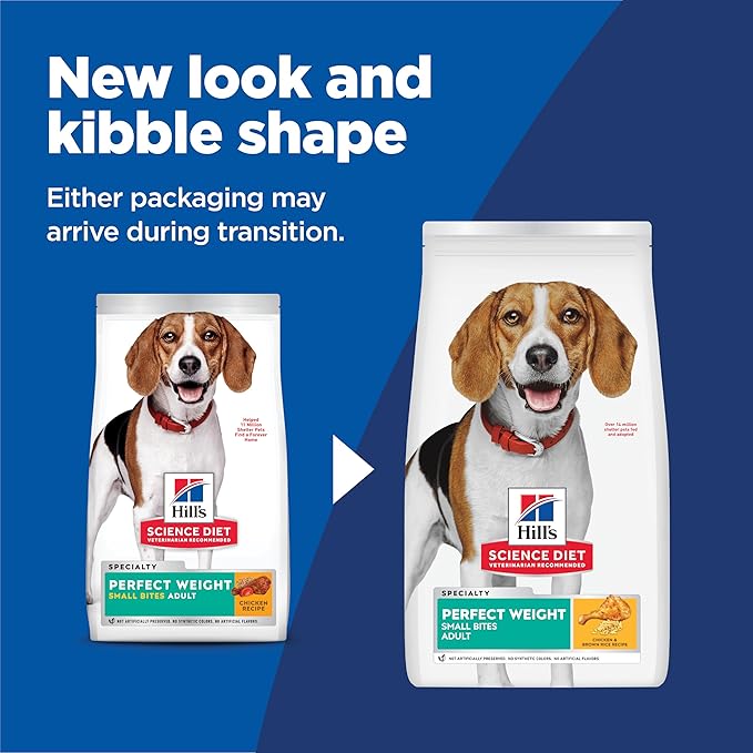 Hill's Science Diet Perfect Weight, Adult 1-6, Weight Management Support, Small Kibble, Dry Dog Food, Chicken Recipe, 12 lb Bag