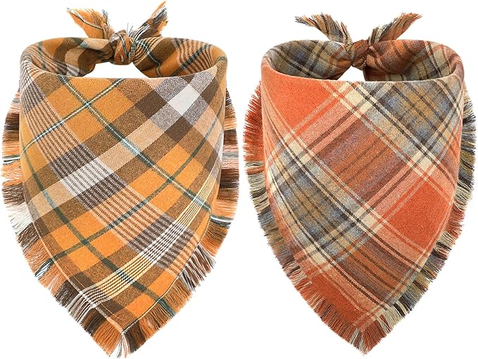 Vivifying Halloween Dog Bandanas, 2 Pack Thanksgiving Fall Classic Plaid Dog Scarf with Tassels Edges, Funny Pet Apparel & Accessories Costume for Photo Prop, and Party Decor (X-Large, Yellow&Orange)