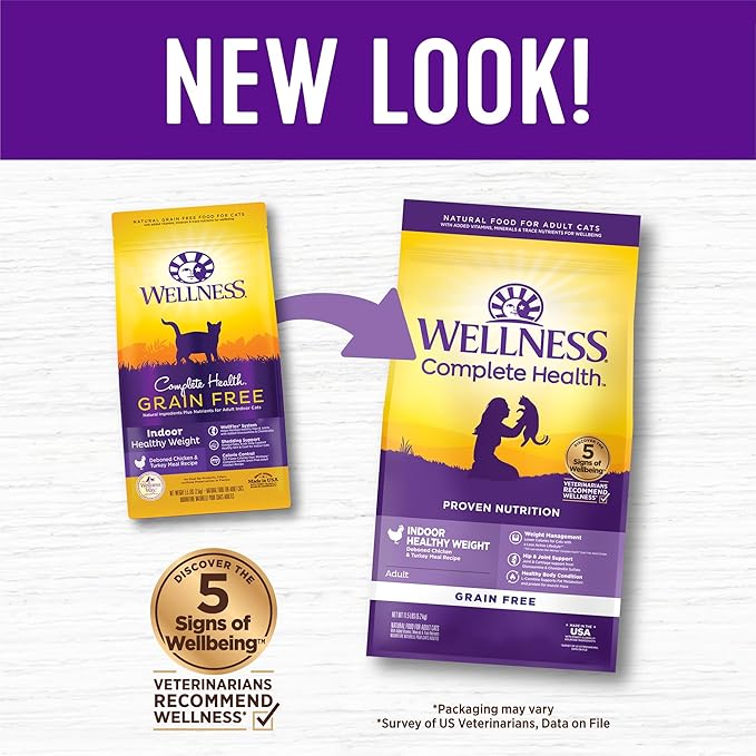 Wellness Complete Health Adult Dry Cat Food for Indoor Cats, Grain Free, Natural, Healthy Weight Chicken & Turkey Meal (11.5 Pound Bag)
