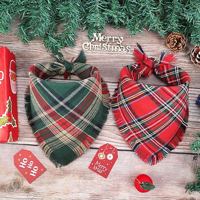 Vivifying Dog Christmas Bandana with Tassels Edges, 2 Pack Classic Plaid Triangle Pet Apparel & Accessories, Funny Holiday Dog Scarf Costume for Photo Prop, and Party Decor (Small, Red&Green)