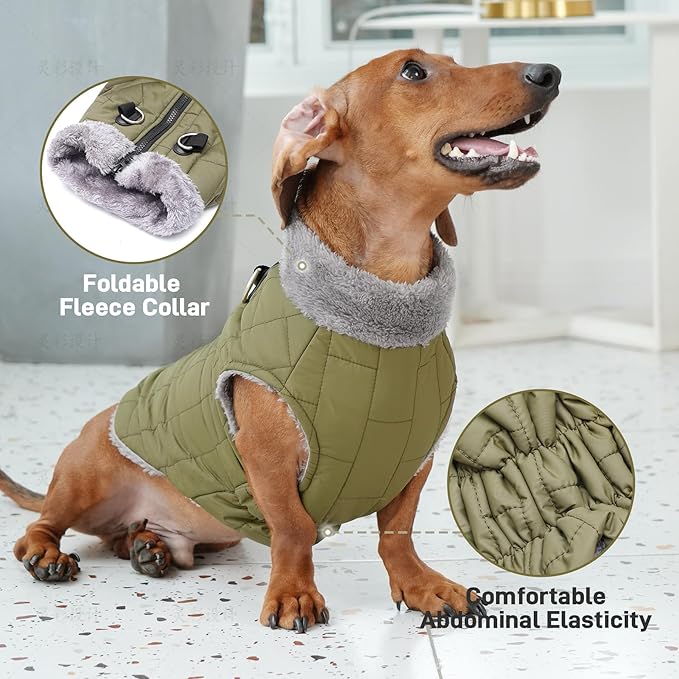 Warm Fleece Dog Coats with Durable Harness Buitl in D-Ring,Waterproof Puppy Jacket for Small Dogs,Dog Vest for Cold Winter,Green S