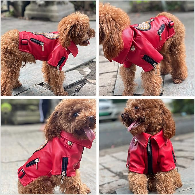 Lovelonglong Cool Dog Leather Jacket, Warm Coats Dogs Windproof Cold Weather Coats for Large Medium Small Dogs with Eagle Embroidery Red S