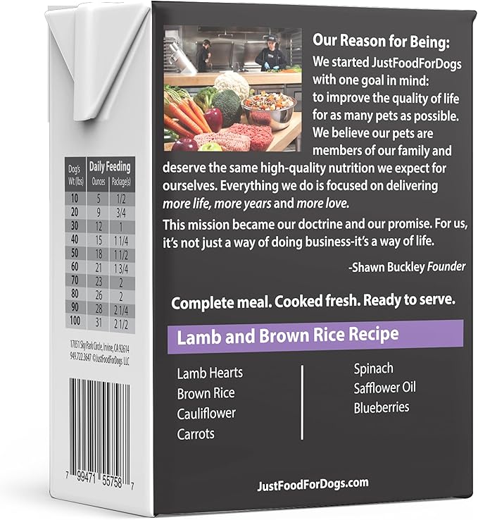 JustFoodForDogs Pantry Fresh Wet Dog Food, Complete Meal or Dog Food Topper, Lamb & Brown Rice Human Grade Dog Food Recipe - 12.5 oz (Pack of 6)