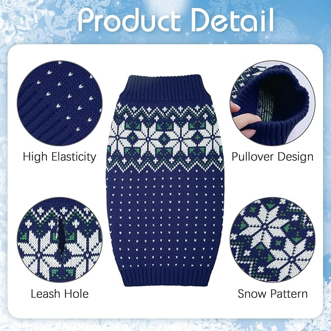 Kuoser Dog Sweater, Holiday Christmas Snowflake Pet Warm Knitwear Dog Sweaters Soft Puppy Clothing, Doggie Turtleneck Cold Weather Outfit Pullover for Small Medium Large Dogs Cats, Blue XL