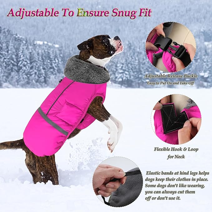 Dogcheer Warm Dog Coat, Christmas Dog Jacket Waterproof Puppy Winter Coat with Buckles, Reflective Adjustable Pet Snow Jacket Turtleneck Fleece Sweater for Small Medium Large Dogs - Pink, M