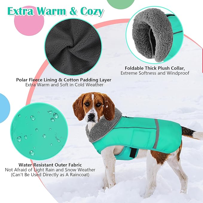 Dogcheer Warm Dog Coat, Waterproof Dog Jacket Christmas Puppy Winter Coat with Buckle, Reflective Adjustable Pet Snow Jacket Turtleneck Fleece Sweater for Small Medium Large Dogs - Pine Green, L