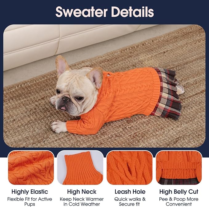 IECOii Girl XXL Dog Sweater Dress, Cozy Cable Knit Dog Sweater for Large Dogs Girl, Orange, XXLarge, 2XL Pet Pullover Knitted Dress for Winter, Turleneck with Sleeve, Warm Sweaters for Female Pitbull
